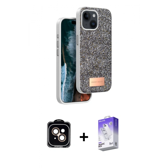 MARSİLYAN™- iPhone 14 Kılıf Vadi Klasik Serisi - Siyah Bilvis 5in1 3D Magic Cam Ekran Koruyucu + PVD Metal Kamera Lens - TU