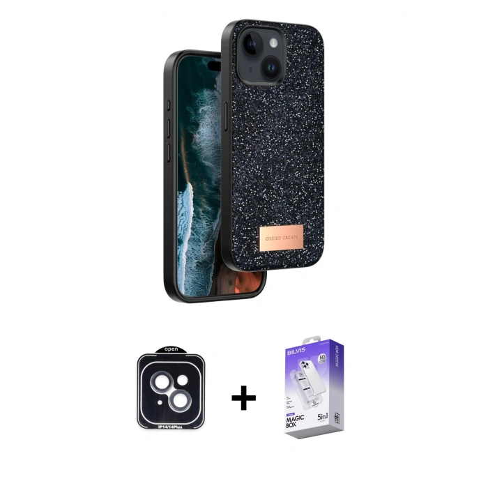 MARSİLYAN™- iPhone 14 Kılıf Vadi Klasik Serisi - Siyah Bilvis 5in1 3D Magic Cam Ekran Koruyucu + PVD Metal Kamera Lens - SH