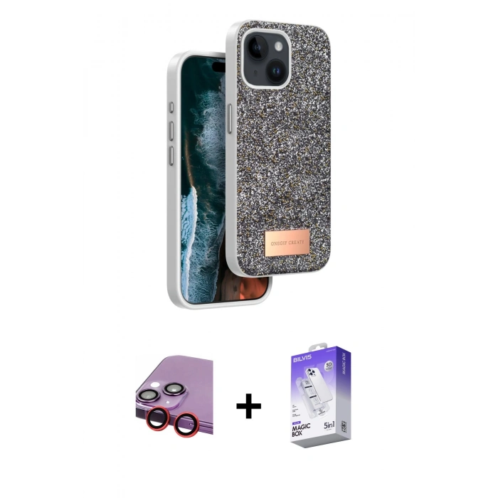 MARSİLYAN™- iPhone 14 Kılıf Vadi Klasik Serisi - Siyah Bilvis 5in1 3D Magic Cam Ekran Koruyucu + Raze Metal Kamera Lens - KI