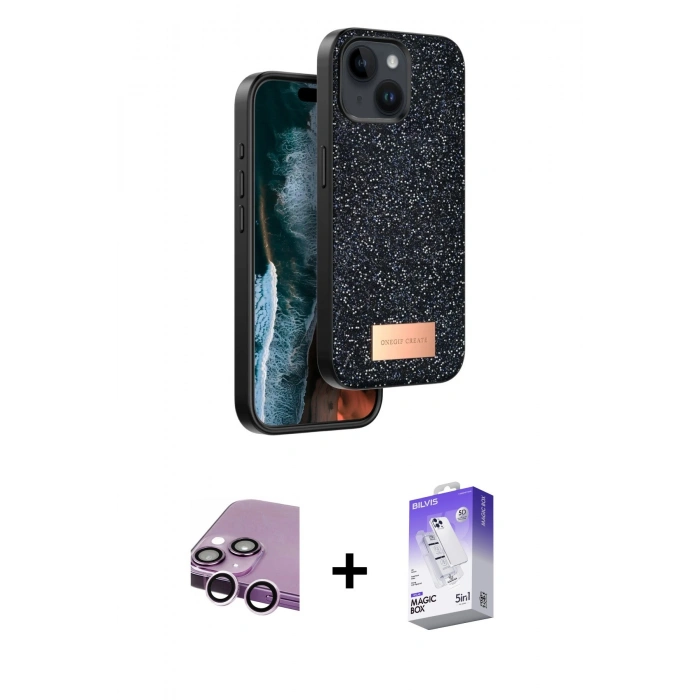 MARSİLYAN™- iPhone 14 Kılıf Vadi Klasik Serisi - Siyah Bilvis 5in1 3D Magic Cam Ekran Koruyucu + Raze Metal Kamera Lens - MR
