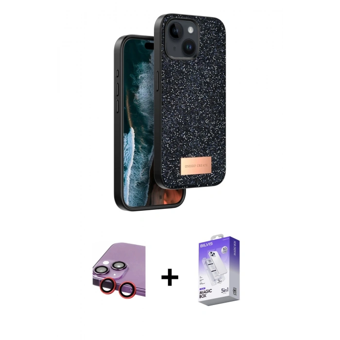 MARSİLYAN™- iPhone 14 Kılıf Vadi Klasik Serisi - Siyah Bilvis 5in1 3D Magic Cam Ekran Koruyucu + Raze Metal Kamera Lens - KI