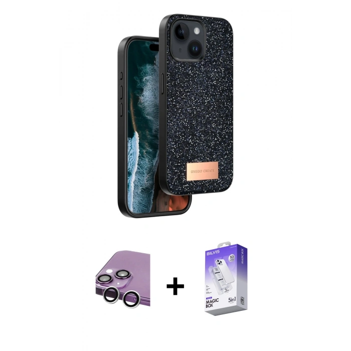 MARSİLYAN™- iPhone 14 Kılıf Vadi Klasik Serisi - Siyah Bilvis 5in1 3D Magic Cam Ekran Koruyucu + Raze Metal Kamera Lens - GS
