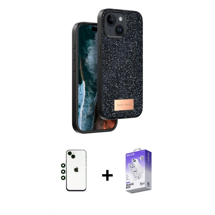 MARSİLYAN™- iPhone 14 Kılıf Vadi Klasik Serisi - Siyah Bilvis 5in1 3D Magic Cam Ekran Koruyucu + Shine Kamera Lens - YL