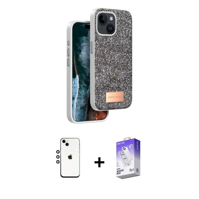 MARSİLYAN™- iPhone 14 Kılıf Vadi Klasik Serisi - Siyah Bilvis 5in1 3D Magic Cam Ekran Koruyucu + Shine Kamera Lens - GS