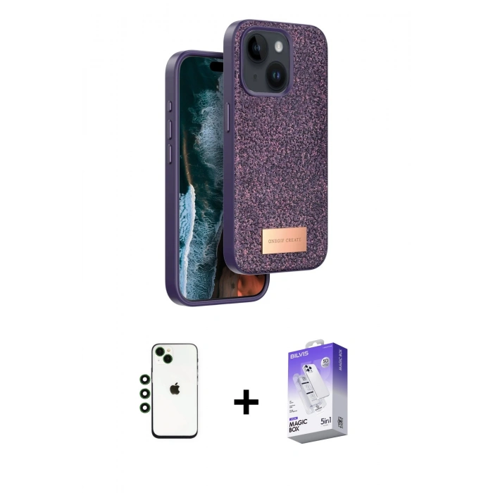 MARSİLYAN™- iPhone 14 Kılıf Vadi Klasik Serisi - Siyah Bilvis 5in1 3D Magic Cam Ekran Koruyucu + Shine Kamera Lens - YL