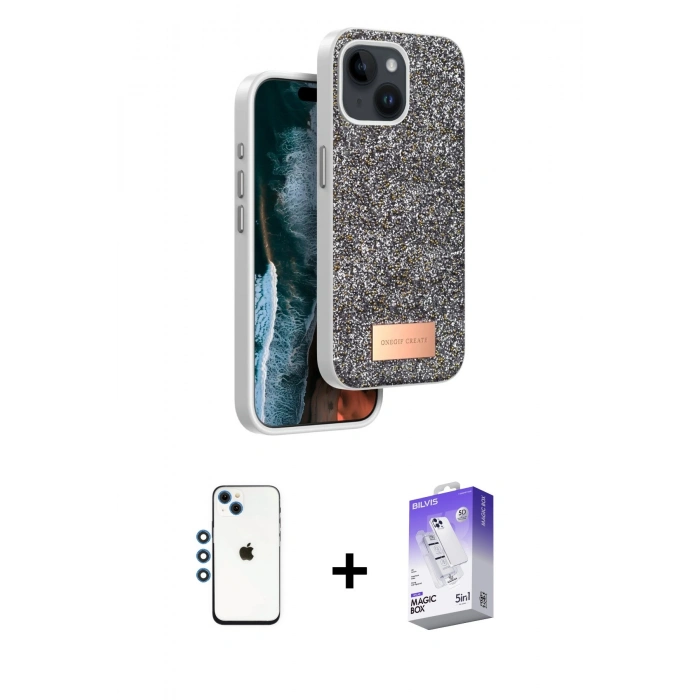 MARSİLYAN™- iPhone 14 Kılıf Vadi Klasik Serisi - Siyah Bilvis 5in1 3D Magic Cam Ekran Koruyucu + Shine Kamera Lens - MI