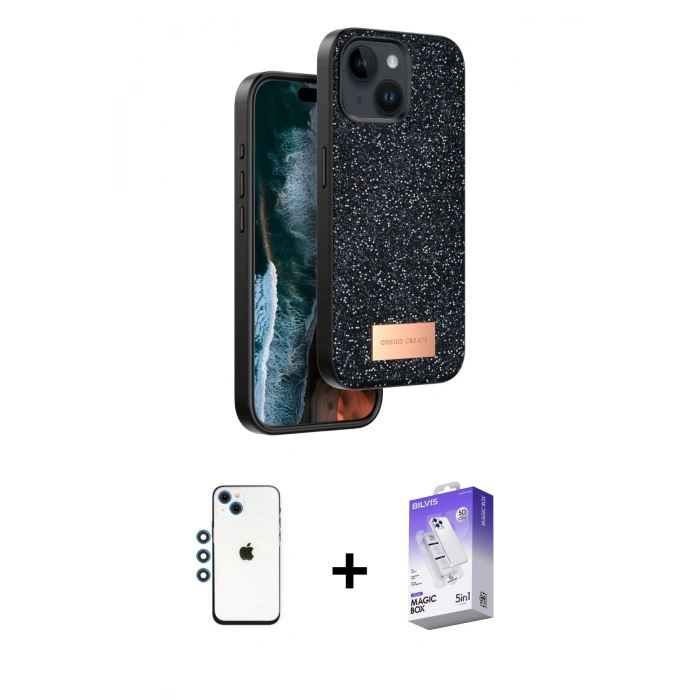 MARSİLYAN™- iPhone 14 Kılıf Vadi Klasik Serisi - Siyah Bilvis 5in1 3D Magic Cam Ekran Koruyucu + Shine Kamera Lens - MI