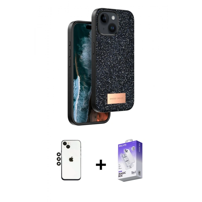 MARSİLYAN™- iPhone 14 Kılıf Vadi Klasik Serisi - Siyah Bilvis 5in1 3D Magic Cam Ekran Koruyucu + Shine Kamera Lens - SH