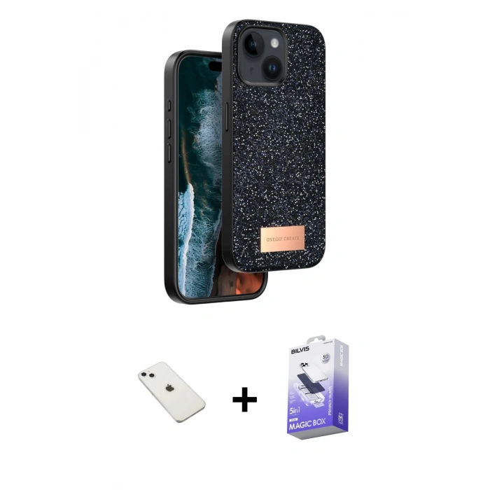 MARSİLYAN™- iPhone 14 Kılıf Vadi Klasik Serisi - Siyah Bilvis 5in1 5D Magic Hayalet Cam Ekran Koruyucu + Diamond Kamera Lens - SABE