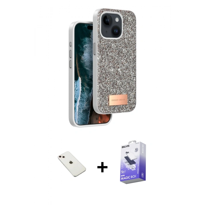 MARSİLYAN™- iPhone 14 Kılıf Vadi Klasik Serisi - Siyah Bilvis 5in1 5D Magic Hayalet Cam Ekran Koruyucu + Diamond Kamera Lens - PE