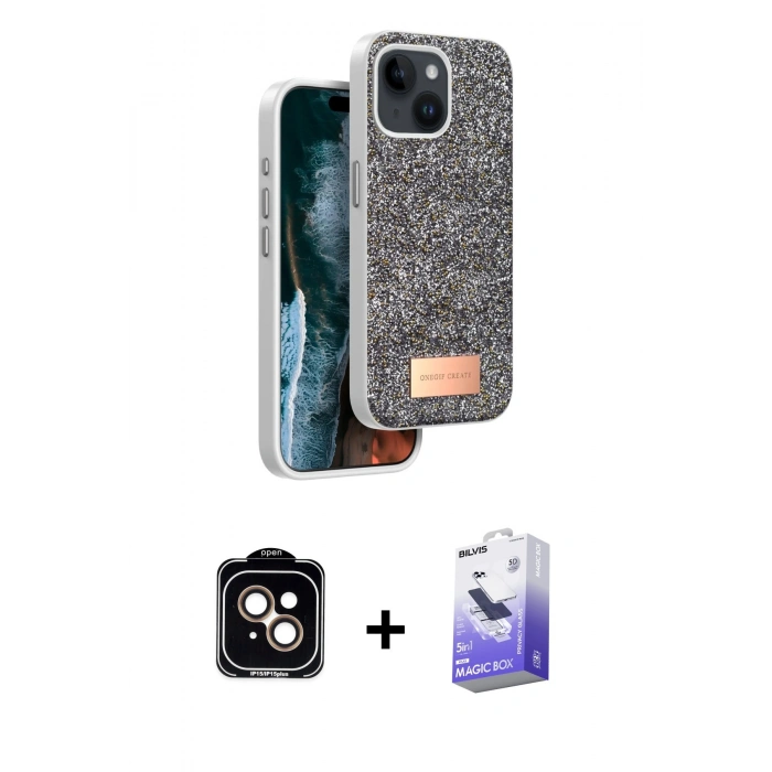 MARSİLYAN™- iPhone 14 Kılıf Vadi Klasik Serisi - Siyah Bilvis 5in1 5D Magic Hayalet Cam Ekran Koruyucu + PVD Metal Kamera Lens - TU