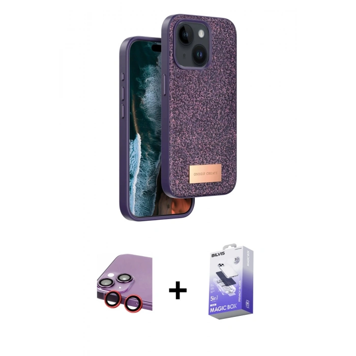 MARSİLYAN™- iPhone 14 Kılıf Vadi Klasik Serisi - Siyah Bilvis 5in1 5D Magic Hayalet Cam Ekran Koruyucu + Raze Metal Kamera Lens - KI