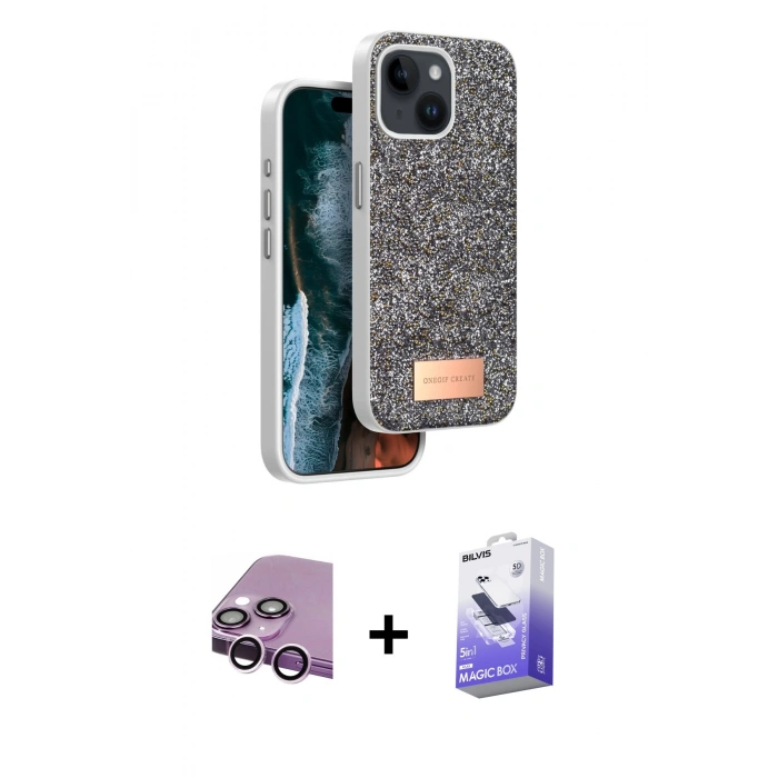 MARSİLYAN™- iPhone 14 Kılıf Vadi Klasik Serisi - Siyah Bilvis 5in1 5D Magic Hayalet Cam Ekran Koruyucu + Raze Metal Kamera Lens - MR