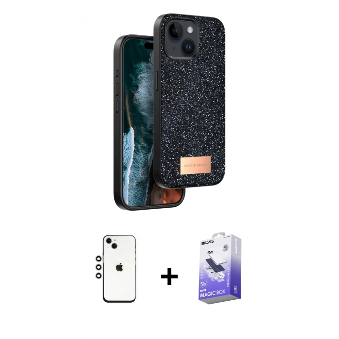 MARSİLYAN™- iPhone 14 Kılıf Vadi Klasik Serisi - Siyah Bilvis 5in1 5D Magic Hayalet Cam Ekran Koruyucu + Shine Kamera Lens - GS