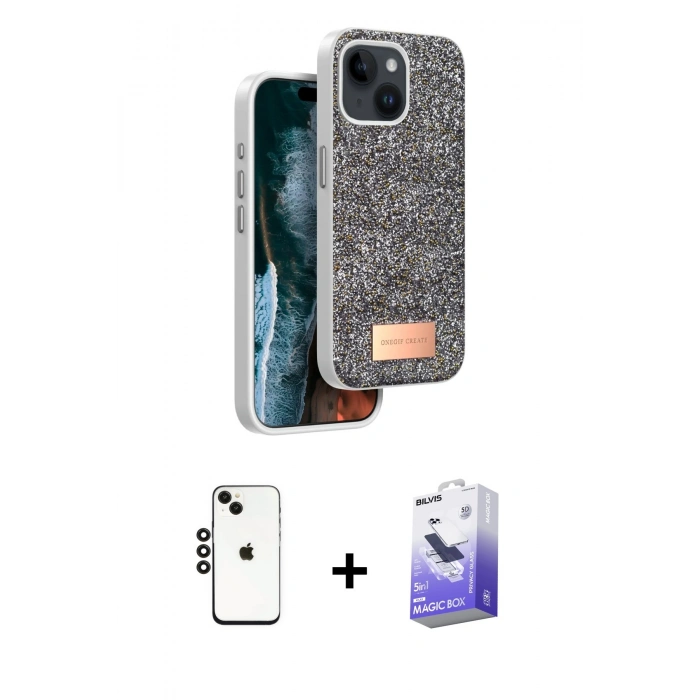 MARSİLYAN™- iPhone 14 Kılıf Vadi Klasik Serisi - Siyah Bilvis 5in1 5D Magic Hayalet Cam Ekran Koruyucu + Shine Kamera Lens - SH