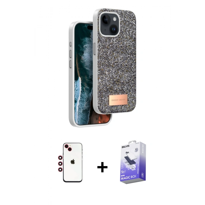 MARSİLYAN™- iPhone 14 Kılıf Vadi Klasik Serisi - Siyah Bilvis 5in1 5D Magic Hayalet Cam Ekran Koruyucu + Shine Kamera Lens - KI