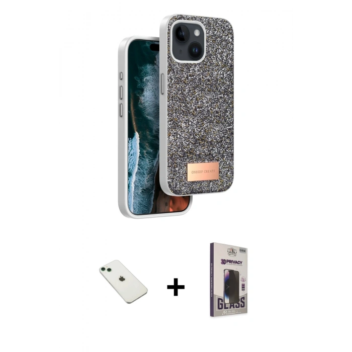 MARSİLYAN™- iPhone 14 Kılıf Vadi Klasik Serisi - Siyah Bilvis Hayalet Cam Ekran Koruyucu + Diamond Kamera Lens - YL