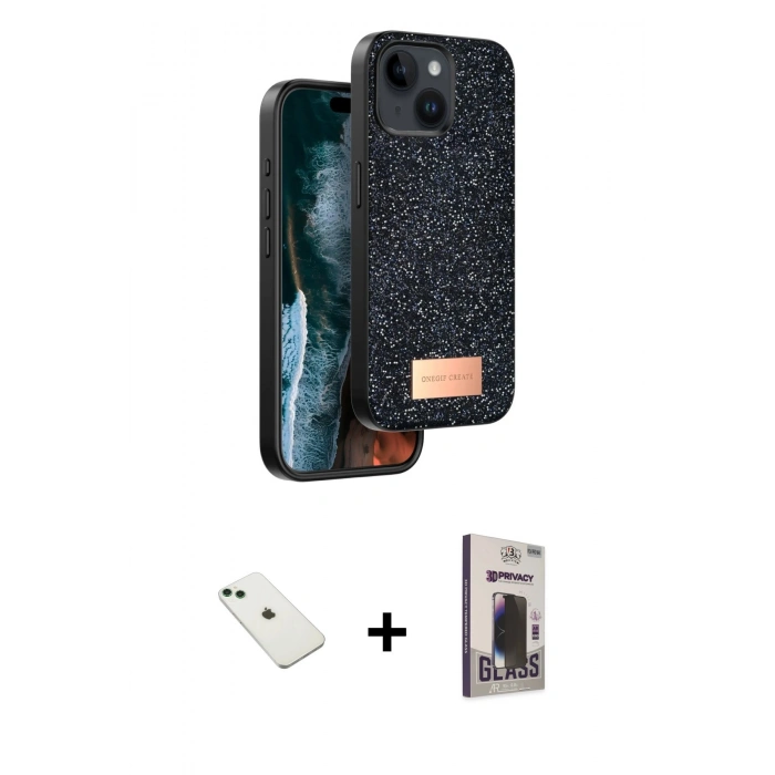 MARSİLYAN™- iPhone 14 Kılıf Vadi Klasik Serisi - Siyah Bilvis Hayalet Cam Ekran Koruyucu + Diamond Kamera Lens - YL