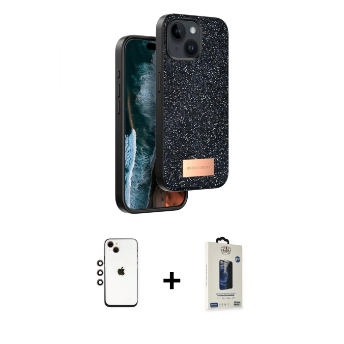 MARSİLYAN™- iPhone 14 Kılıf Vadi Klasik Serisi - Siyah Bilvis Hayalet Cam Ekran Koruyucu + Shine Kamera Lens - GI