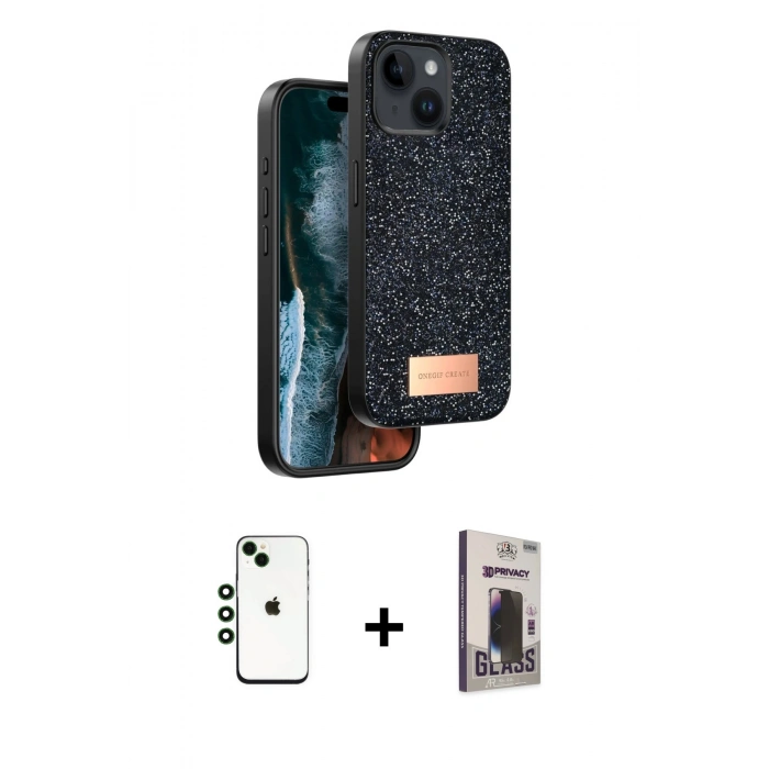 MARSİLYAN™- iPhone 14 Kılıf Vadi Klasik Serisi - Siyah Bilvis Hayalet Cam Ekran Koruyucu + Shine Kamera Lens - YL