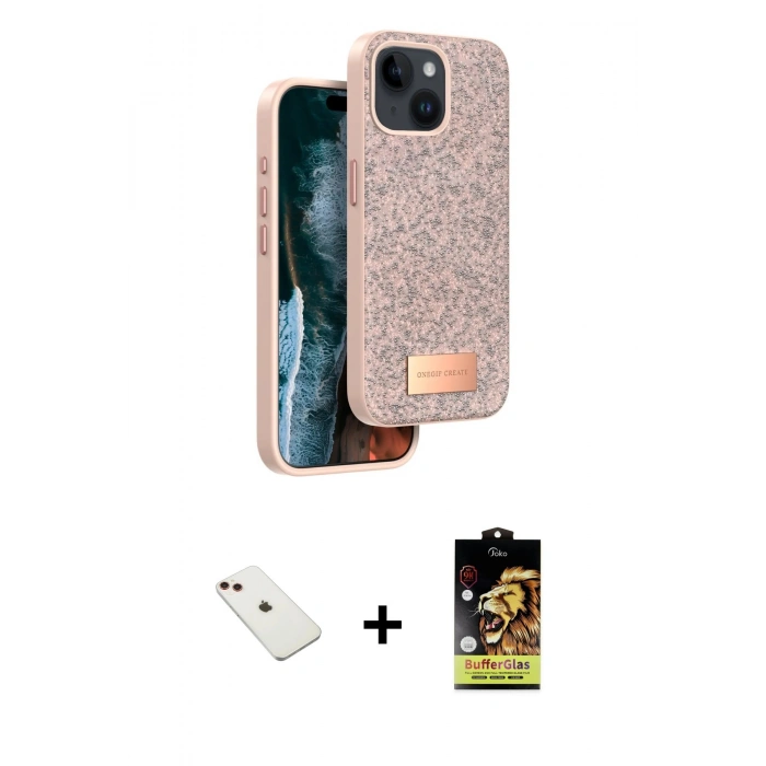 MARSİLYAN™- iPhone 14 Kılıf Vadi Klasik Serisi - Siyah Buffer Cam Ekran Koruyucu + Diamond Kamera Lens - KI