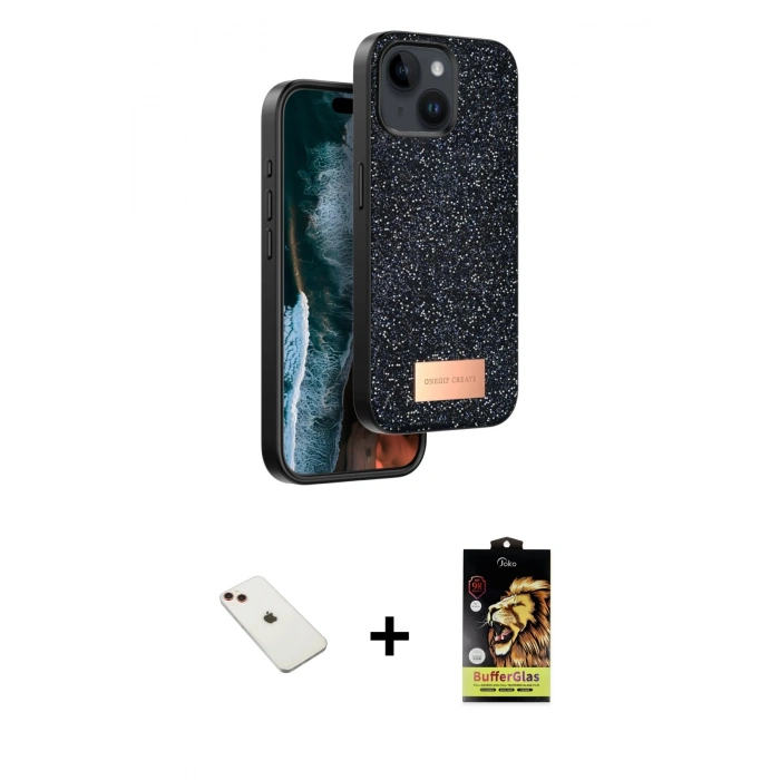 MARSİLYAN™- iPhone 14 Kılıf Vadi Klasik Serisi - Siyah Buffer Cam Ekran Koruyucu + Diamond Kamera Lens - KI