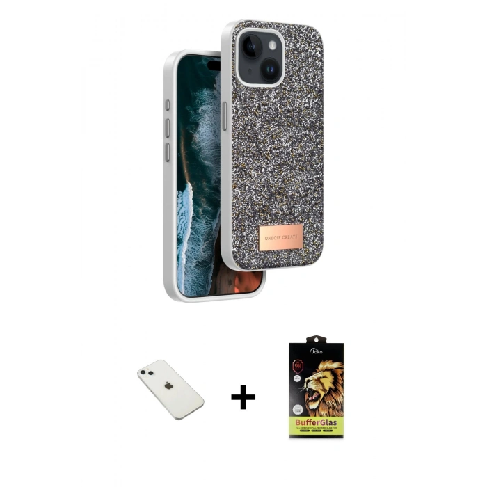 MARSİLYAN™- iPhone 14 Kılıf Vadi Klasik Serisi - Siyah Buffer Cam Ekran Koruyucu + Diamond Kamera Lens - SABE
