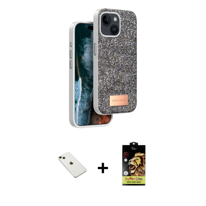 MARSİLYAN™- iPhone 14 Kılıf Vadi Klasik Serisi - Siyah Buffer Cam Ekran Koruyucu + Diamond Kamera Lens - YL