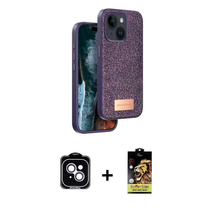 MARSİLYAN™- iPhone 14 Kılıf Vadi Klasik Serisi - Siyah Buffer Cam Ekran Koruyucu + PVD Metal Kamera Lens - GS