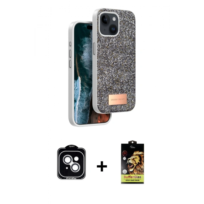 MARSİLYAN™- iPhone 14 Kılıf Vadi Klasik Serisi - Siyah Buffer Cam Ekran Koruyucu + PVD Metal Kamera Lens - GS