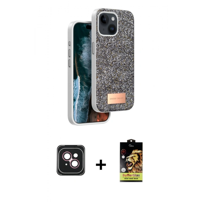MARSİLYAN™- iPhone 14 Kılıf Vadi Klasik Serisi - Siyah Buffer Cam Ekran Koruyucu + PVD Metal Kamera Lens - PE