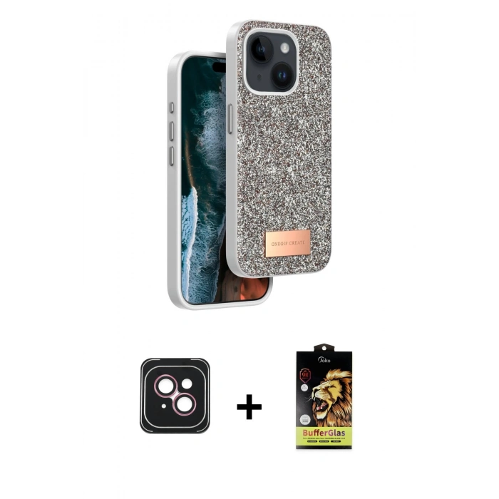 MARSİLYAN™- iPhone 14 Kılıf Vadi Klasik Serisi - Siyah Buffer Cam Ekran Koruyucu + PVD Metal Kamera Lens - PE