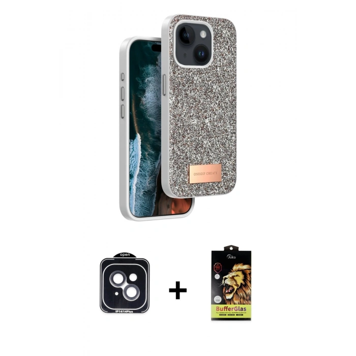 MARSİLYAN™- iPhone 14 Kılıf Vadi Klasik Serisi - Siyah Buffer Cam Ekran Koruyucu + PVD Metal Kamera Lens - SH