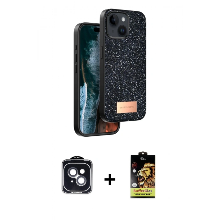 MARSİLYAN™- iPhone 14 Kılıf Vadi Klasik Serisi - Siyah Buffer Cam Ekran Koruyucu + PVD Metal Kamera Lens - SH