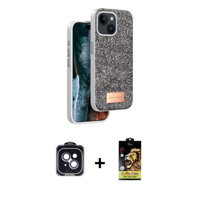 MARSİLYAN™- iPhone 14 Kılıf Vadi Klasik Serisi - Siyah Buffer Cam Ekran Koruyucu + PVD Metal Kamera Lens - SH