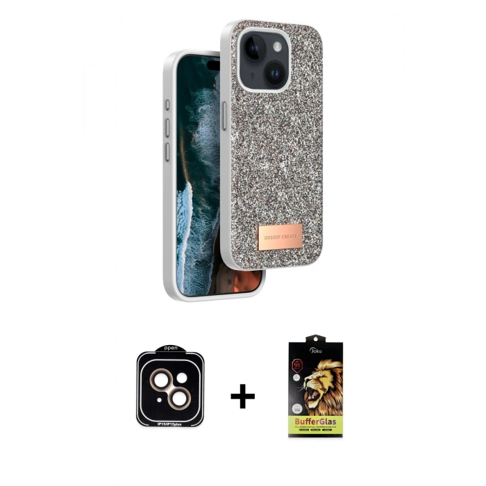 MARSİLYAN™- iPhone 14 Kılıf Vadi Klasik Serisi - Siyah Buffer Cam Ekran Koruyucu + PVD Metal Kamera Lens - TU