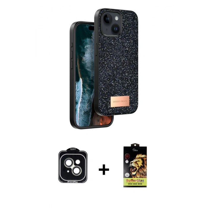 MARSİLYAN™- iPhone 14 Kılıf Vadi Klasik Serisi - Siyah Buffer Cam Ekran Koruyucu + PVD Metal Kamera Lens - YL