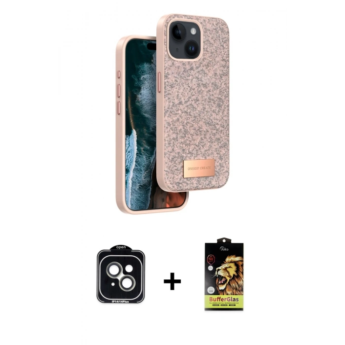MARSİLYAN™- iPhone 14 Kılıf Vadi Klasik Serisi - Siyah Buffer Cam Ekran Koruyucu + PVD Metal Kamera Lens - YL