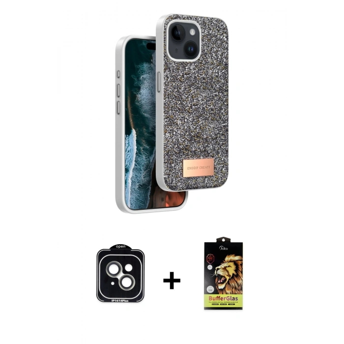MARSİLYAN™- iPhone 14 Kılıf Vadi Klasik Serisi - Siyah Buffer Cam Ekran Koruyucu + PVD Metal Kamera Lens - YL