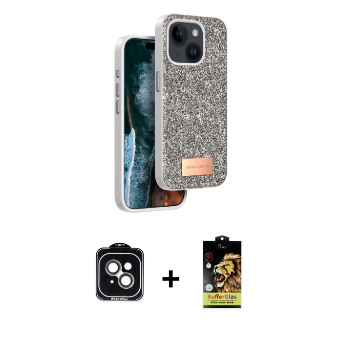 MARSİLYAN™- iPhone 14 Kılıf Vadi Klasik Serisi - Siyah Buffer Cam Ekran Koruyucu + PVD Metal Kamera Lens - YL
