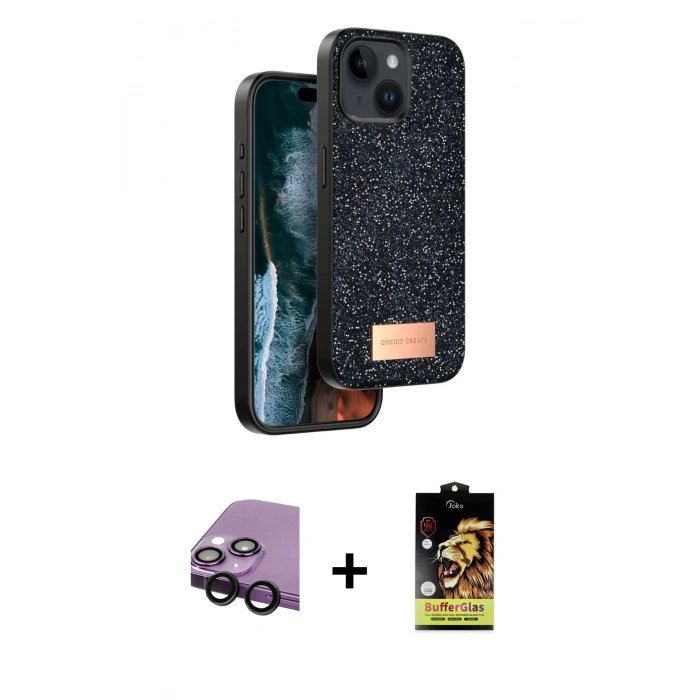 MARSİLYAN™- iPhone 14 Kılıf Vadi Klasik Serisi - Siyah Buffer Cam Ekran Koruyucu + Raze Metal Kamera Lens - SH