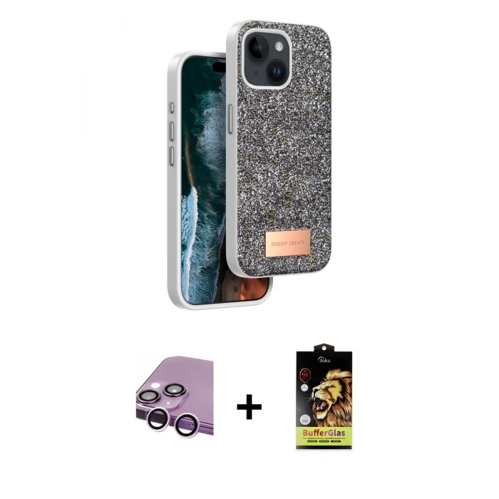 MARSİLYAN™- iPhone 14 Kılıf Vadi Klasik Serisi - Siyah Buffer Cam Ekran Koruyucu + Raze Metal Kamera Lens - MR