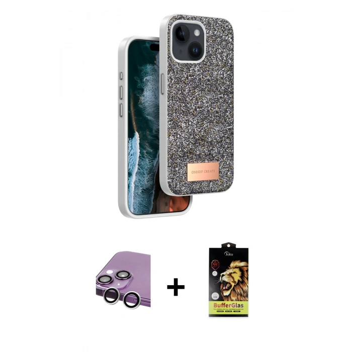 MARSİLYAN™- iPhone 14 Kılıf Vadi Klasik Serisi - Siyah Buffer Cam Ekran Koruyucu + Raze Metal Kamera Lens - GS