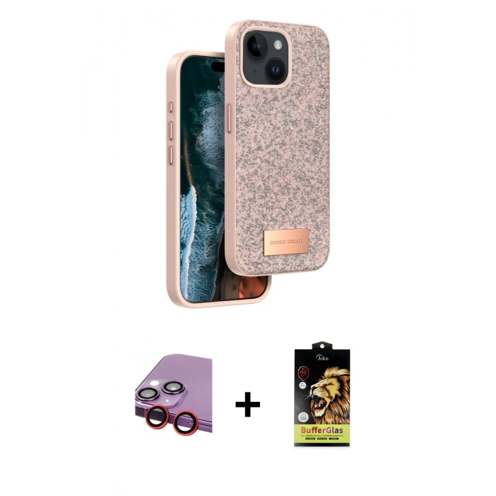 MARSİLYAN™- iPhone 14 Kılıf Vadi Klasik Serisi - Siyah Buffer Cam Ekran Koruyucu + Raze Metal Kamera Lens - KI