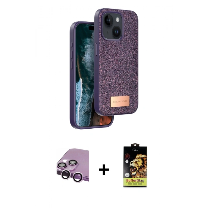 MARSİLYAN™- iPhone 14 Kılıf Vadi Klasik Serisi - Siyah Buffer Cam Ekran Koruyucu + Raze Metal Kamera Lens - MR