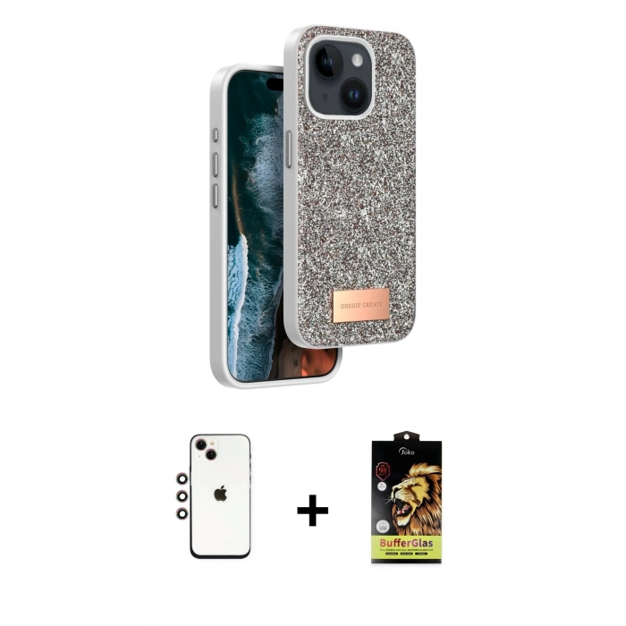 MARSİLYAN™- iPhone 14 Kılıf Vadi Klasik Serisi - Siyah Buffer Cam Ekran Koruyucu + Shine Kamera Lens - GI