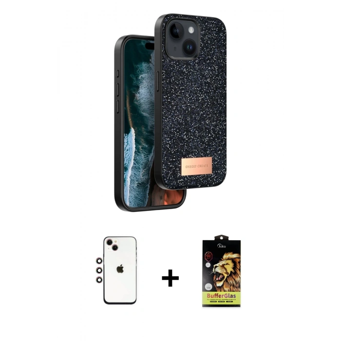 MARSİLYAN™- iPhone 14 Kılıf Vadi Klasik Serisi - Siyah Buffer Cam Ekran Koruyucu + Shine Kamera Lens - GI