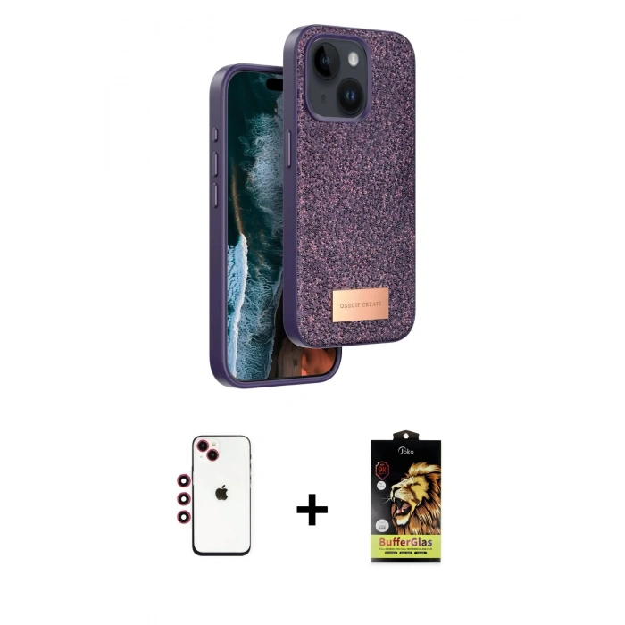 MARSİLYAN™- iPhone 14 Kılıf Vadi Klasik Serisi - Siyah Buffer Cam Ekran Koruyucu + Shine Kamera Lens - KI