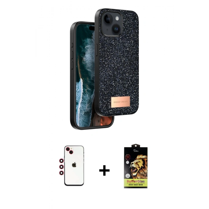 MARSİLYAN™- iPhone 14 Kılıf Vadi Klasik Serisi - Siyah Buffer Cam Ekran Koruyucu + Shine Kamera Lens - KI