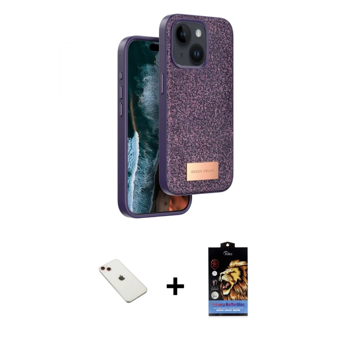 MARSİLYAN™- iPhone 14 Kılıf Vadi Klasik Serisi - Siyah Buffer Hayalet Cam Ekran Koruyucu + Diamond Kamera Lens - KI